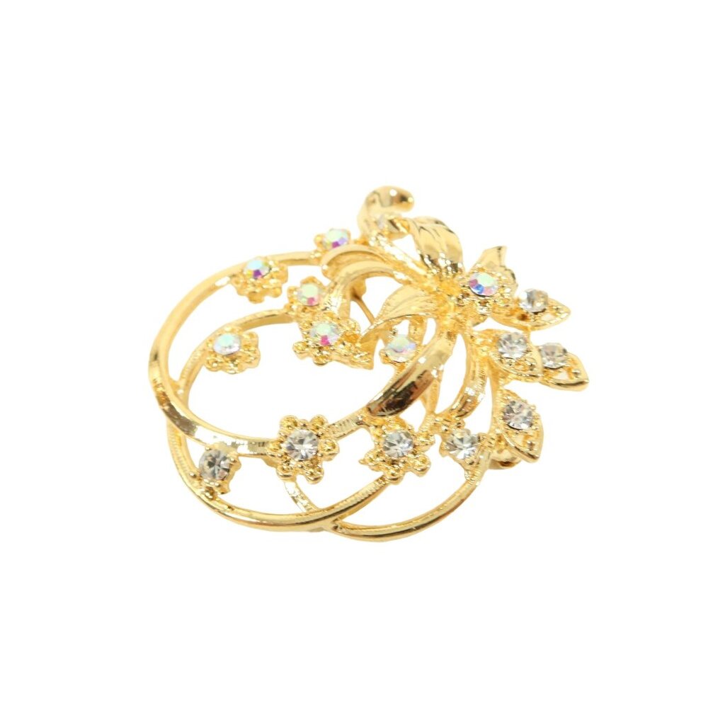 Vintage Gold Tone Clear & Aurora Borealis Foral Flower Looped Brooch Pin 2" - Picture 2 of 6